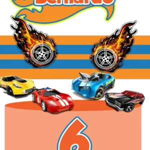 Topo de Bolo HotWeels - Arquivo Digital 16 Arte digital com tema de corrida de carros, chamas e número seis.
