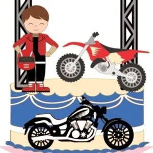Topo de bolo decorado com tema de motociclismo, contendo personagem infantil, motos e pórtico.