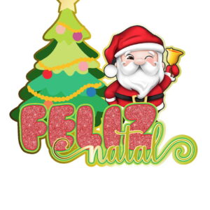 Ilustração digital festiva com Papai Noel, árvore decorada e a frase Feliz Natal.