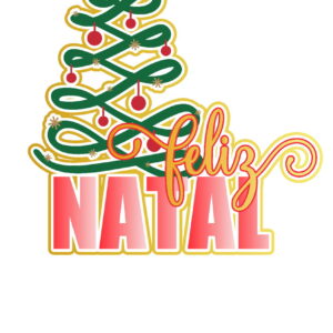 Ilustração de árvore de natal verde com texto em vermelho sobre fundo branco.