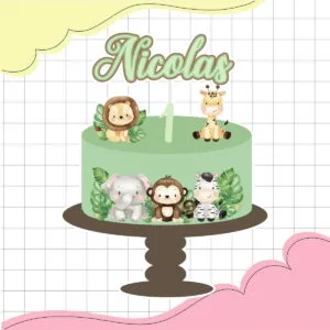 Topo de Bolo Safari - Arquivo Digital 7 Bolo verde decorado com animais da selva em estilo aquarela e um nome personalizado.