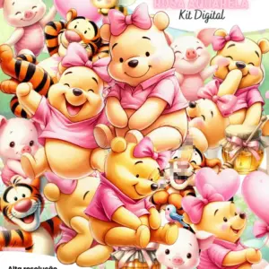 Ursinho Pooh Rosa Aquarela Kit Digital Em Png