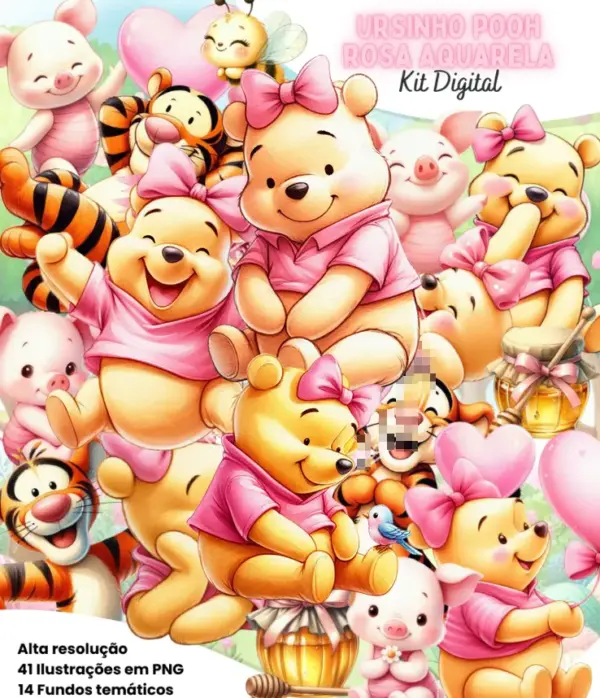 Ursinho Pooh Rosa Aquarela Kit Digital Em Png